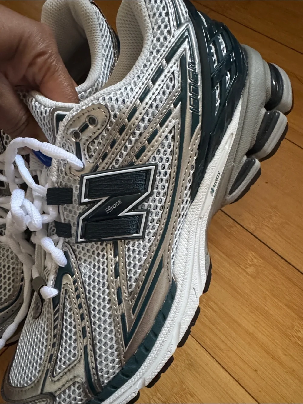 New Balance White and Silver Mesh Running Shoes